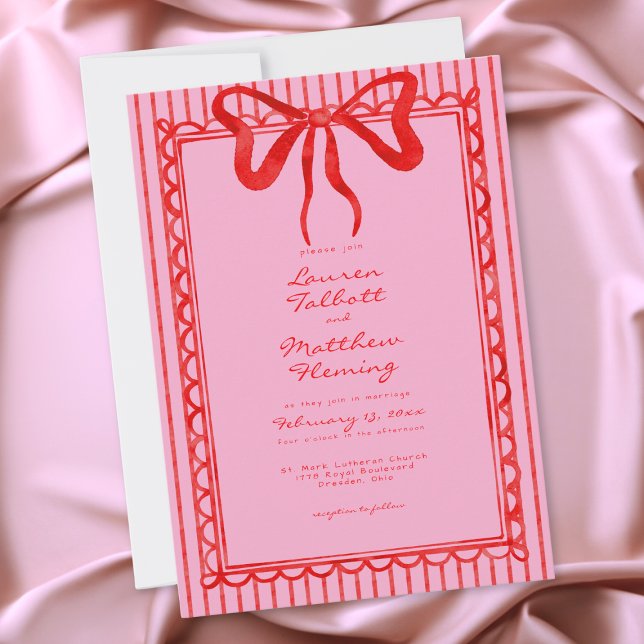 Invitación Boda caprichosa de arcoíris rojo y rosa con raya (Whimsical Red Pink Watercolor Bow Stripe Wedding Invitation)