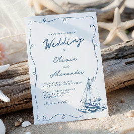 Invitación Boda caprichosa de barco de vela náutico dibujado 