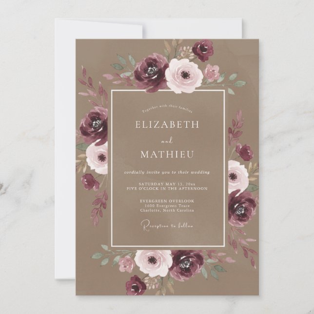 Invitación Boda Caprichosa de Borgoña Verde (Anverso)