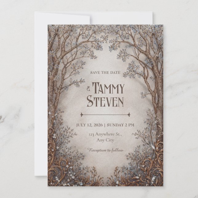 Invitación Boda caprichosa de bronce con filigrana en el bosq (Anverso)