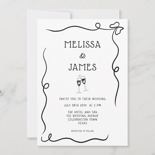 Invitación Boda caprichosa de Champagne dibujada a mano (Anverso)