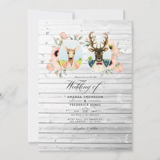 Invitación Boda caprichosa de ciervos del bosque rústico (Anverso)