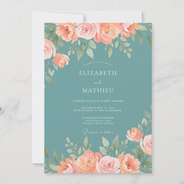 Invitación Boda Caprichosa de Durazno Azul Turquesa (Anverso)