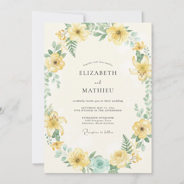Invitación Boda caprichosa de flor amarilla (Anverso)