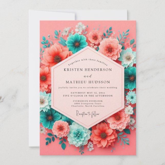 Invitación Boda caprichosa de flor coral teal (Anverso)
