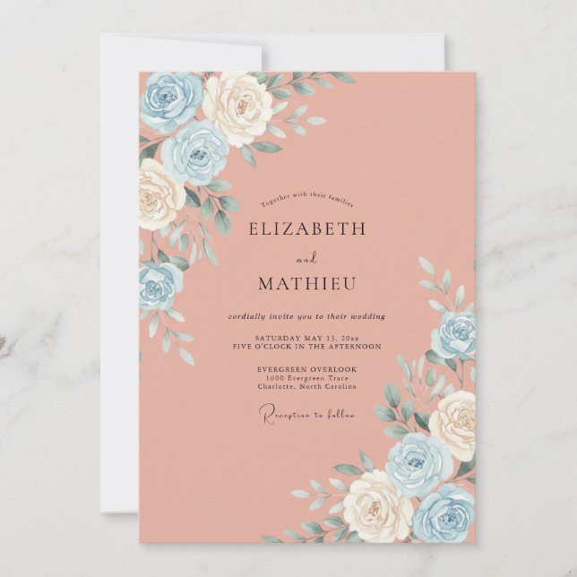 Invitación Boda caprichosa de flor de azul polvoriento (Anverso)