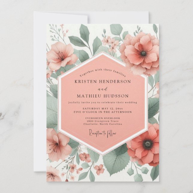 Invitación Boda caprichosa de floración de coral (Anverso)