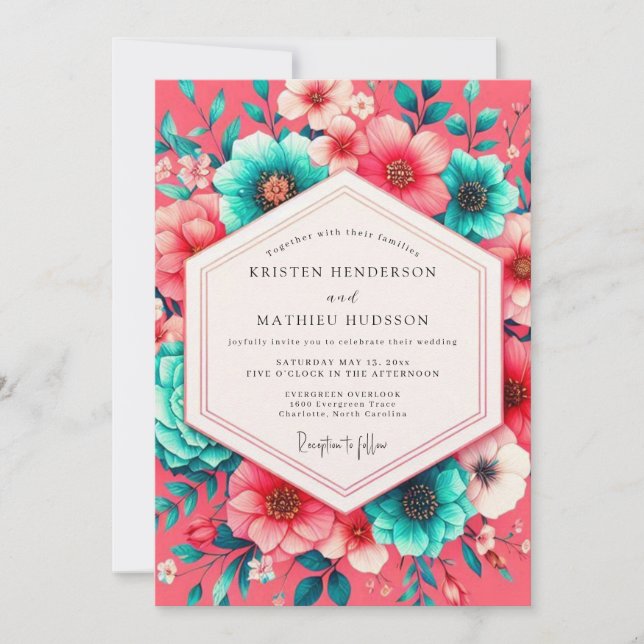 Invitación Boda caprichosa de floración de coral (Anverso)