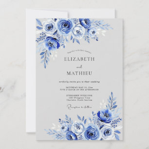 Invitación Boda Caprichosa de Floral Azul Cobalto
