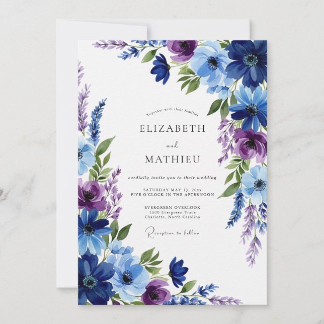 Invitación Boda Caprichosa de Floral Azul Marino (Anverso)