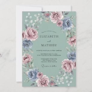 Invitación Boda Caprichosa de Floral Azul Polvoriento