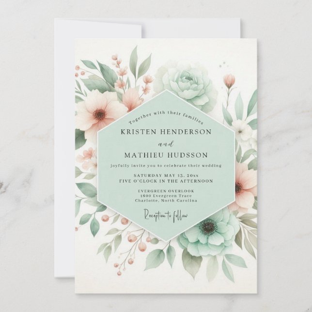 Invitación Boda Caprichosa de Floral Verde Menta (Anverso)