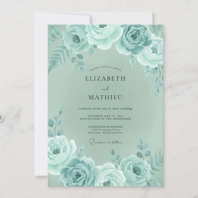 Invitación Boda Caprichosa de Floral Verde Menta (Anverso)