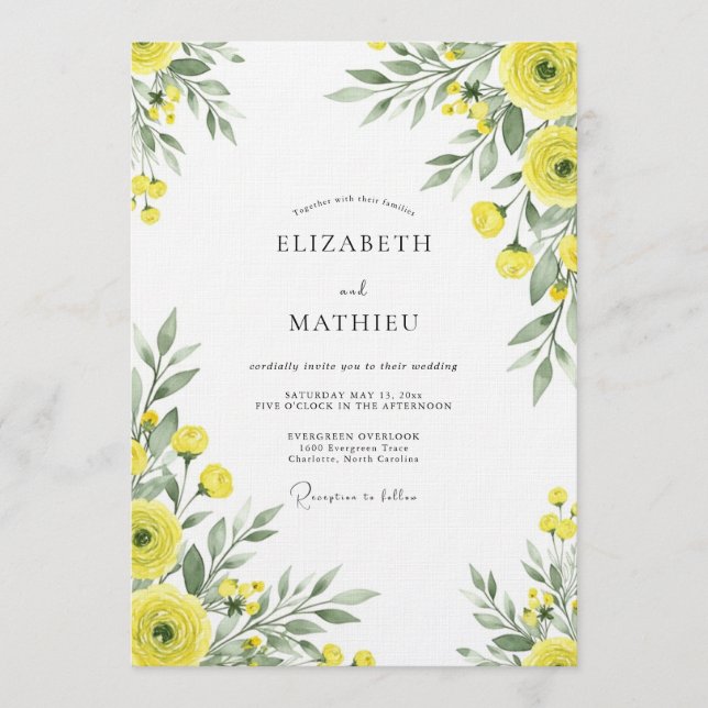 Invitación Boda Caprichosa de Florales Amarillas (Anverso)