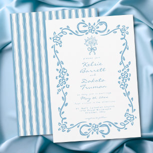 Invitación Boda caprichosa de flores a mano azul y raya