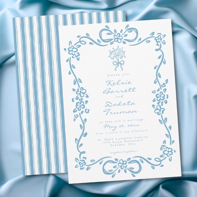 Invitación Boda caprichosa de flores a mano azul y raya (Whimsical Blue Hand Drawn Floral Stripe Wedding Invitation)