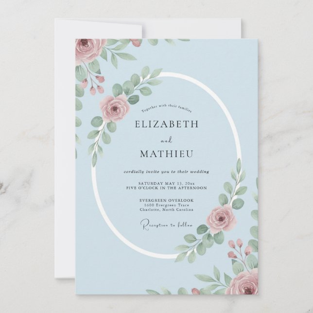 Invitación Boda caprichosa de flores azul pálido (Anverso)