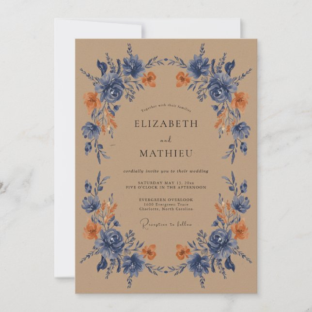 Invitación Boda caprichosa de flores azules polvorientas (Anverso)