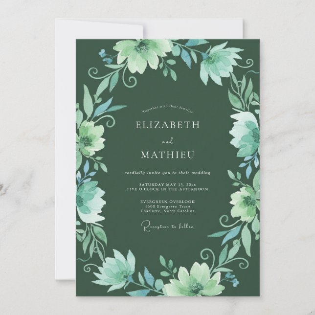 Invitación Boda caprichosa de flores esmeralda (Anverso)