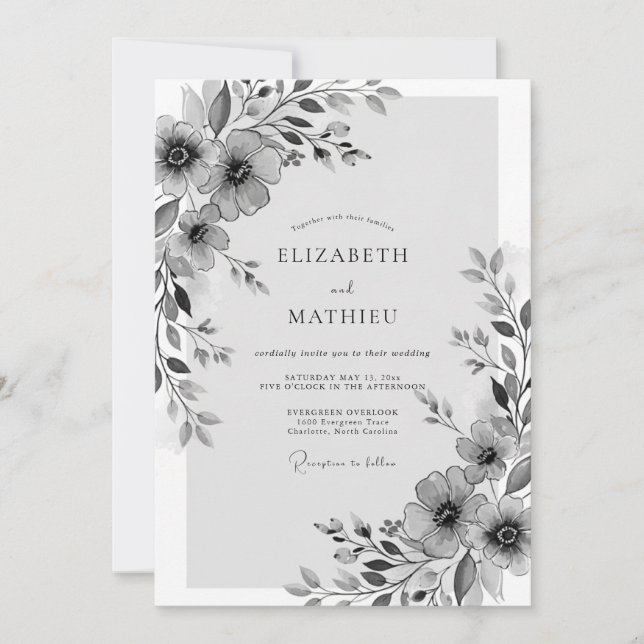 Invitación Boda caprichosa de flores grises (Anverso)