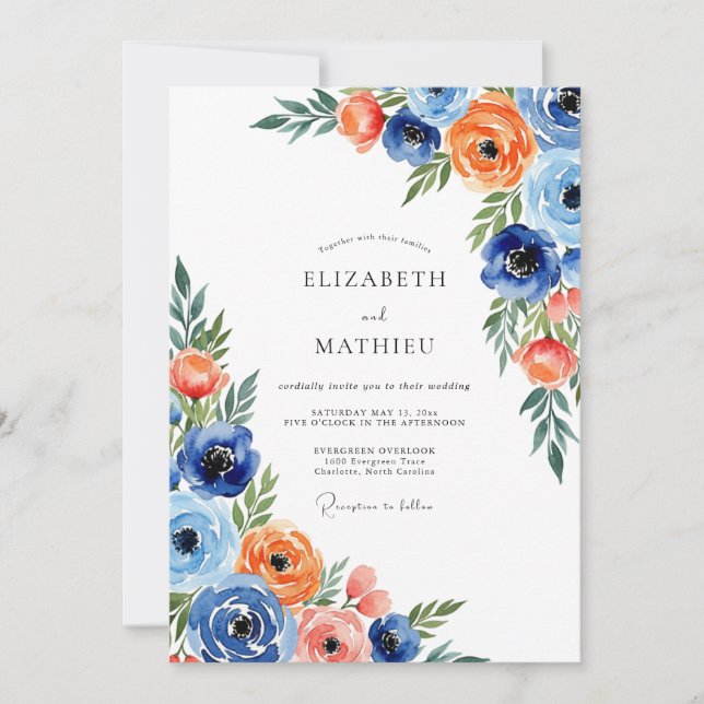 Invitación Boda caprichosa de flores naranjas azules (Anverso)