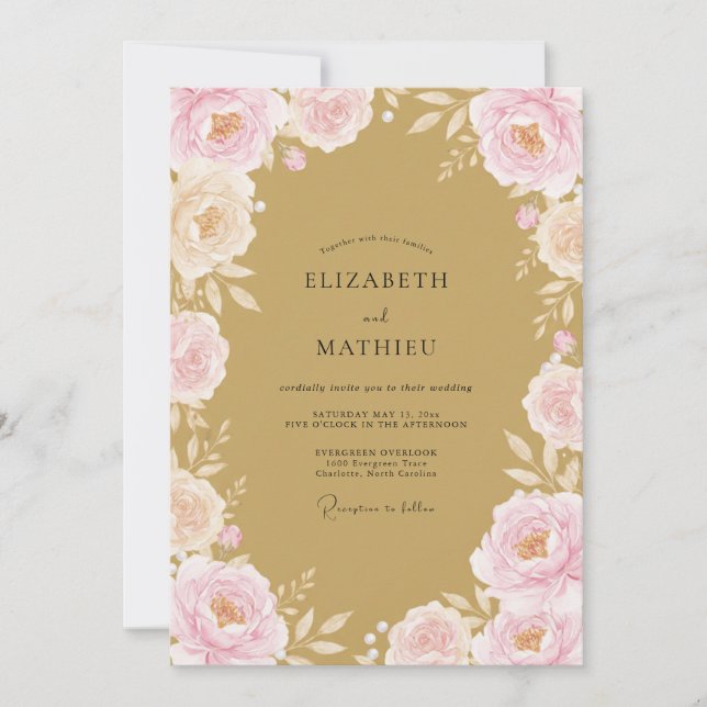 Invitación Boda caprichosa de flores rosadas (Anverso)