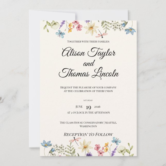Invitación Boda caprichosa de flores silvestres y mariposas (Anverso)