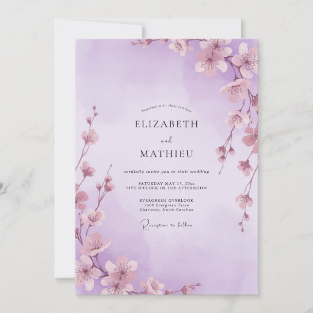 Invitación Boda caprichosa de lavanda Sakura (Anverso)