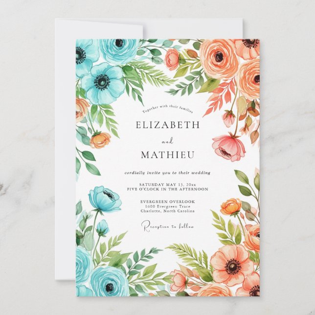 Invitación Boda caprichosa de melocotón y azul turquesa de pr (Anverso)