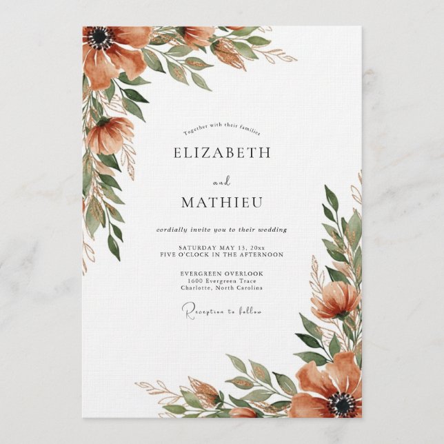 Invitación Boda caprichosa de otoño en naranja quemada (Anverso)