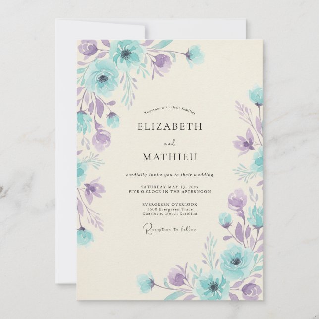 Invitación Boda caprichosa de primavera azul acuático (Anverso)