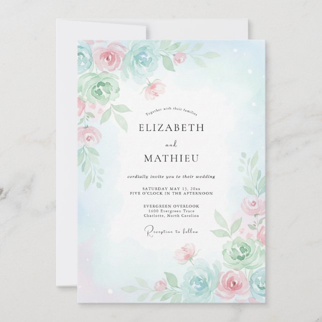 Invitación Boda caprichosa de primavera azul pálido (Anverso)
