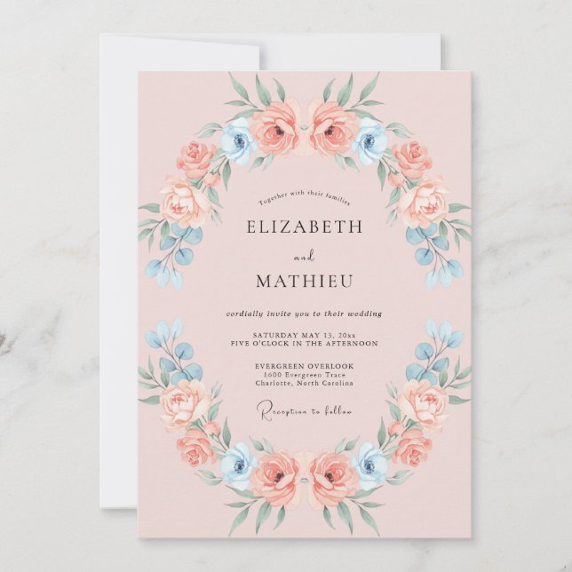 Invitación Boda caprichosa de primavera con rosa rubor (Anverso)