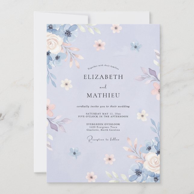 Invitación Boda caprichosa de primavera con tonos violeta azu (Anverso)
