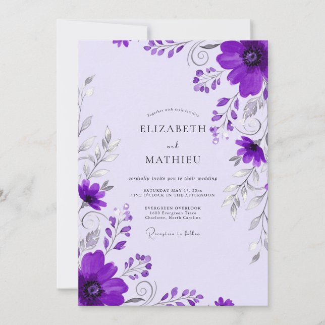 Invitación Boda caprichosa de primavera morada (Anverso)