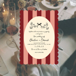 Invitación Boda caprichosa de rayas rojas y rosadas garabatea
