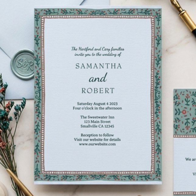 Invitación Boda caprichosa de vid verde azul  (Subido por el creador)