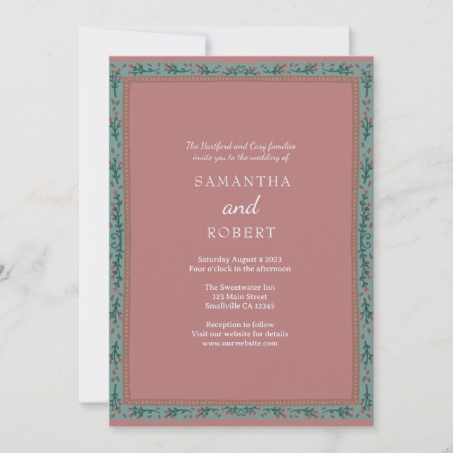 Invitación Boda caprichosa de vid verde azul  (Anverso)