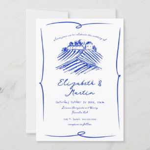 Invitación Boda caprichosa de viñedo azul francés dibujado a 