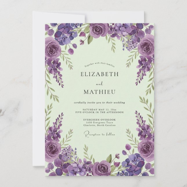 Invitación Boda caprichosa de violeta de primavera (Anverso)