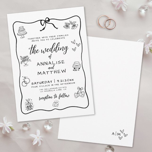 Invitación Boda Caprichosa Dibujada a Mano (Whimsical Hand Drawn Illustrated Wedding Invitation)