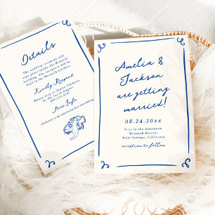 Invitación Boda caprichosa dibujada a mano azul marino + deta