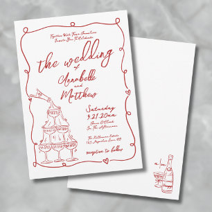 Invitación Boda Caprichosa Dibujada a Mano con Toques Rojos y