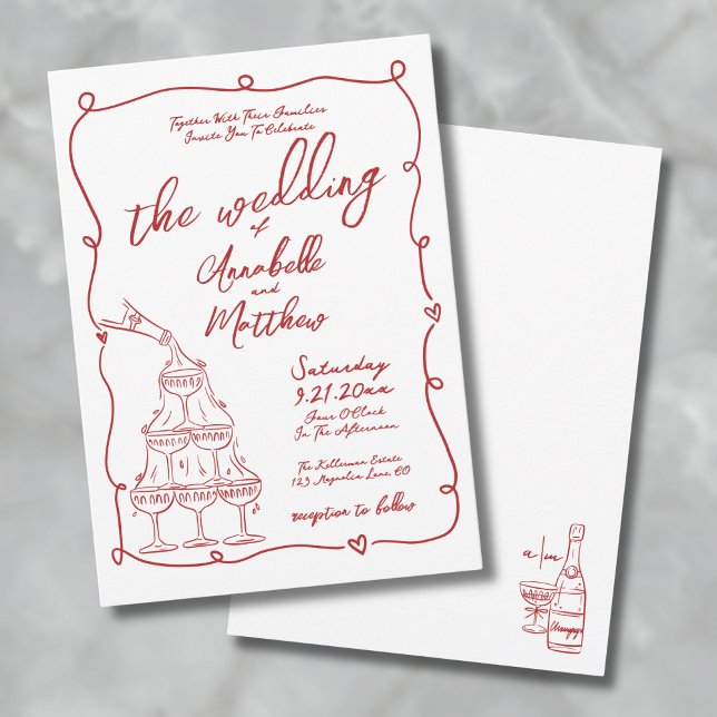 Invitación Boda Caprichosa Dibujada a Mano con Toques Rojos y (Red Whimsical Hand Drawn Quirky Wedding Invitation)