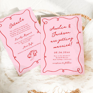 Invitación Boda caprichosa dibujada a mano rosa y roja + deta