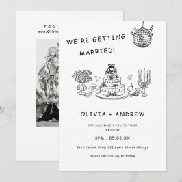 Invitación Boda caprichosa en negro y blanco dibujada a mano