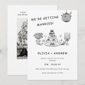 Invitación Boda caprichosa en negro y blanco dibujada a mano