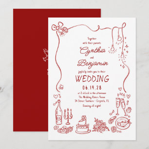 Invitación Boda caprichosa, extravagante y funky dibujada a m