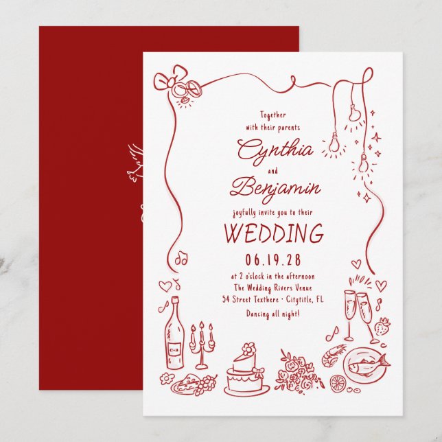Invitación Boda caprichosa, extravagante y funky dibujada a m (Anverso / Reverso)
