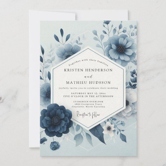 Invitación Boda Caprichosa Flor Azul Pizarra (Anverso)